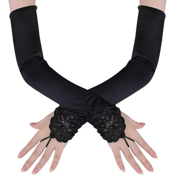 Women's Long Smooth Black Long Opera Party 20s Satin Glove Stretchy Elbow Length - Picture 1 of 6
